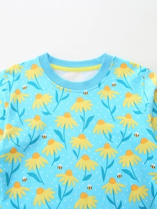 Blue cotton girls' sweatshirt with yellow daisy and bee print featuring rib knit collar