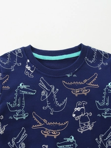 Dark blue kids cotton sweatshirt with cartoon crocodile print and ribbed crew neck finish