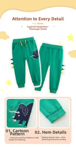 Détails du pantalon en coton vert avec broderie dinosaure et poignets élastiques