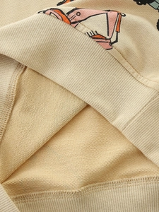 Kids cotton sweatshirt with cartoon excavator print and ribbed edges in beige color