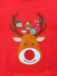 Boys red Christmas sweatshirt featuring reindeer embroidery with colorful ornaments