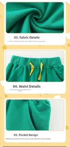 Vue détaillée du tissu en maille verte, taille à cordon jaune et poches latérales