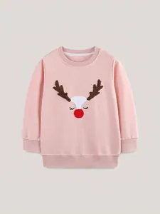 Felpa da Bambina con Ricamo di Renna di Natale in Cotone Manica Lunga Autunno Pullover Casual Felpa con Cappuccio in Pile
