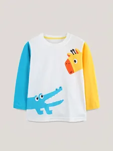 Boys Fashion Color Block Long Sleeve T-Shirt Cotton Cartoon Giraffe Crocodile Print Casual Round Neck Pullover Top Autumn