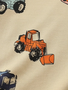 Kids cotton sweatshirt featuring colorful cartoon construction vehicle prints on beige fabric