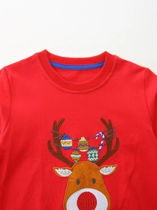 Red Christmas boys' sweatshirt featuring reindeer embroidery and classic crew neck
