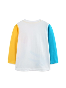 Back view of kids long-sleeved cotton T-shirt with yellow and blue color-block design