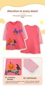 Dettaglio del vestito di Halloween a maniche lunghe con strisce e stampe cartoni