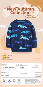 Detail of 100% cotton navy toddler sweatshirt featuring colorful car patterns for boys