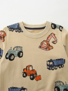 Oatmeal-colored cotton kids sweatshirt with cartoon construction vehicle all-over prints