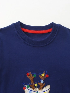Felpa natalizia blu scuro per bambini con ricamo di corna di renna e luci colorate