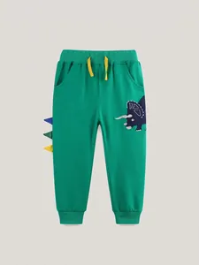 Pantalon de Jogging en Coton pour Garçons Vert Broderie Dinosaure Joggers pour Enfants Sport Décontracté Taille Élastique