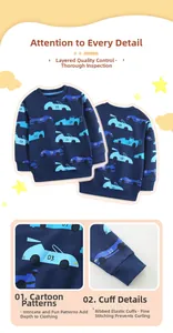 Detail view of navy blue kids sweatshirt with all-over racing car prints and ribbed cuffs
