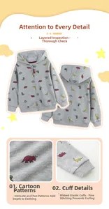 Detail of gray toddler hoodie with colorful dinosaur print and ribbed cuffs