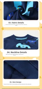 Detail of soft navy cotton fabric and car print with flexible ribbed neckline and hem