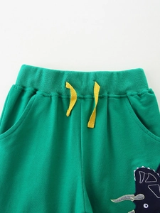 Pantalon de sport vert pour garçon en coton avec cordons jaunes et broderie dinosaure