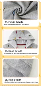 Detail view of cotton hoodie fabric, hood lining, and ribbed hem with dinosaur print