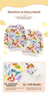 Detail of children's cotton sweatshirt showing colorful animal prints and ribbed cuffs