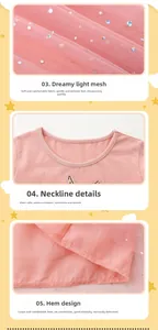 Détails de la robe en tulle rose avec tissu en maille pailletée et col rond élastique