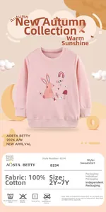 Detailed close-up of rabbit and rainbow embroidery on pink cotton girls sweatshirt