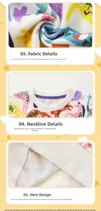Detail view of cotton kids sweatshirt with colorful cartoon animal prints and ribbed collar