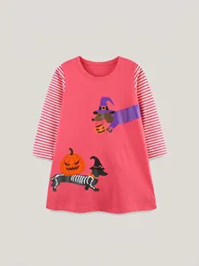 Vestito da Halloween per Bambina a Maniche Lunghe in Cotone a Maglia Maniche a Righe Stampa Bassotto Zucca Girocollo Abito da Principessa