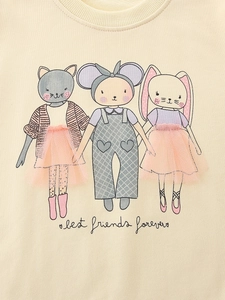 Girls long sleeve beige sweatshirt with cute animal print and pink mesh skirt details