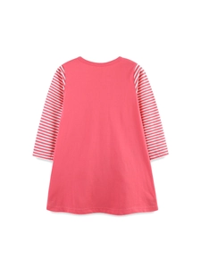 Abito rosa da bambina con maniche lunghe a righe rosse e bianche e scollo rotondo