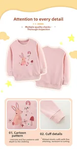 Detail of pink girls sweatshirt showing embroidered rabbit, rainbow and ribbed cuffs