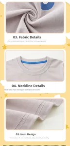 Dettaglio del tessuto in maglia morbida, scollo elastico e orlo resistente sulla t-shirt bambino