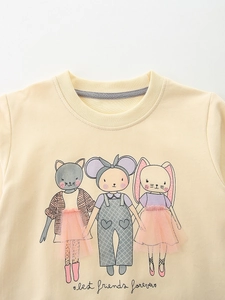 Girls long sleeve sweatshirt in beige with cute cartoon animals and 3D mesh tutu details