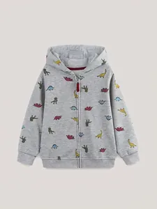 Kids Boys Hooded Zip Up Jacket Dinosaur Printed Cotton Blend Sweatshirt Long Sleeve Autumn Casual Playful Outerwear Clothes