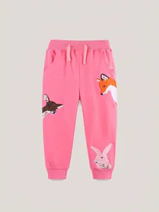 Pantalon de Jogging en Coton pour Filles Style Européen Américain Rose Enfants Broderie Appliquée Animaux Pantalon de Sport avec Cordon