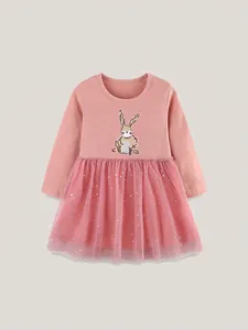 Robe Tutu en Maille Rose à Manches Longues pour Fillettes Avec Broderie Lapin Robe de Princesse à Paillettes pour Fête