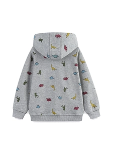 Kids grey hooded sweatshirt with colorful dinosaur prints and ribbed cuffs made of soft cotton