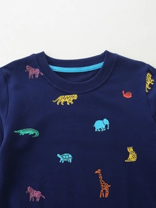 Sudadera infantil azul marino con estampados de animales coloridos y cuello redondo