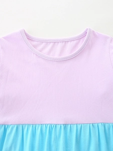 Girls' knitted cotton dress featuring a round neck with purple and blue patchwork design