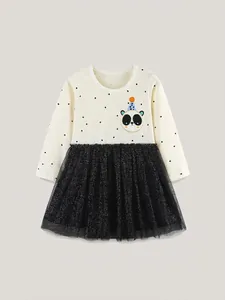 Robe de Fille à Manches Longues à Pois et Épissage en Maille Broderie Panda Princesse Tulle Tutu Fête Automne Vêtement