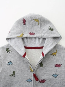 Kids grey hooded zip-up sweatshirt with colorful dinosaur prints in soft cotton knit