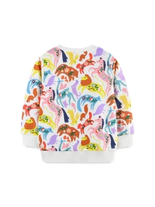 Kids cotton sweatshirt with colorful animal and floral print on white background