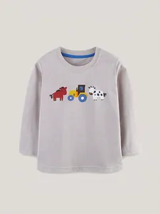 Maglietta a Maniche Lunghe da Ragazzo in Cotone Moda Grigio Autunno Top per Bambini Girocollo Cartone Animato Fattoria Trattore Stampa