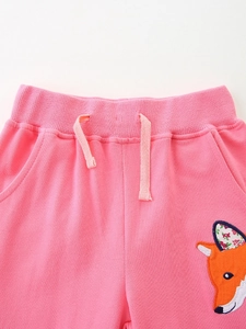 Pantalon de sport rose pour fille avec taille élastique à cordon et broderie renard