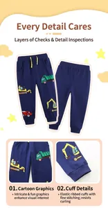 Detail view of boys cotton sports pants featuring colorful cartoon construction vehicle prints