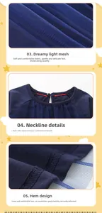 Détails du tulle bleu marine, du col rond élastique et de l'ourlet large de la robe fille