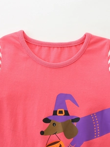 Abito Halloween bambina in maglia con maniche a righe e stampa bassotto rosa acceso