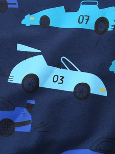 Boys navy blue cotton sweatshirt featuring cartoon race car prints and number motifs