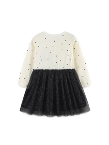 Robe à manches longues pour filles avec pois et jupe en tulle noir scintillant
