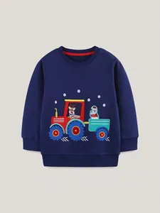 Sweat-shirt Brodée de Noël pour Enfants 100% Coton Manches Longues Pull Bleu Marine Tracteur Renne Père Noël Hauts