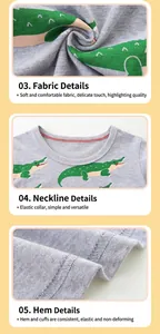 Detail view of cotton fabric, elastic round neck, and hem of grey dinosaur t-shirt
