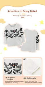 Dettaglio stampe pipistrello e cuciture maniche sulla maglia grigia Halloween bimbo